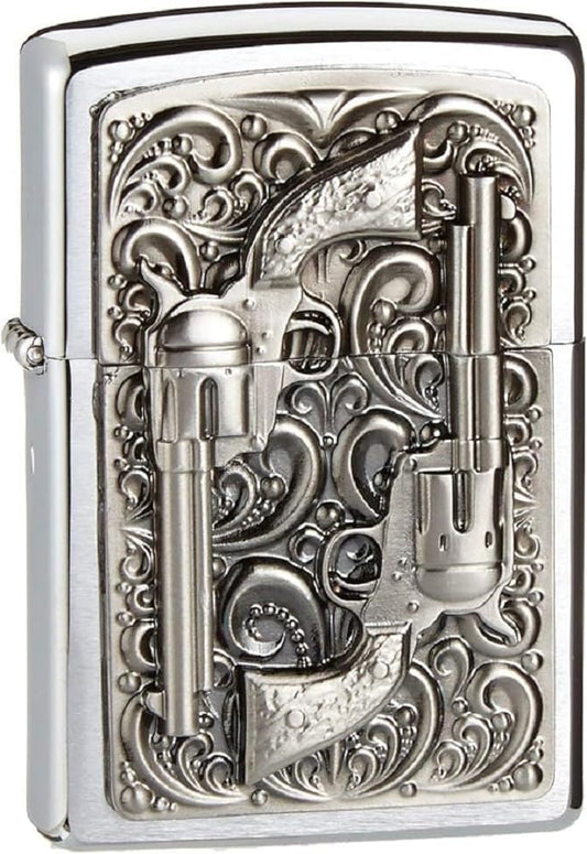 Zippo Chrome Brushed-Revolver,Emblem-Gasoline Windproof Lighter, refillable, in Gift Box, Black, Normal